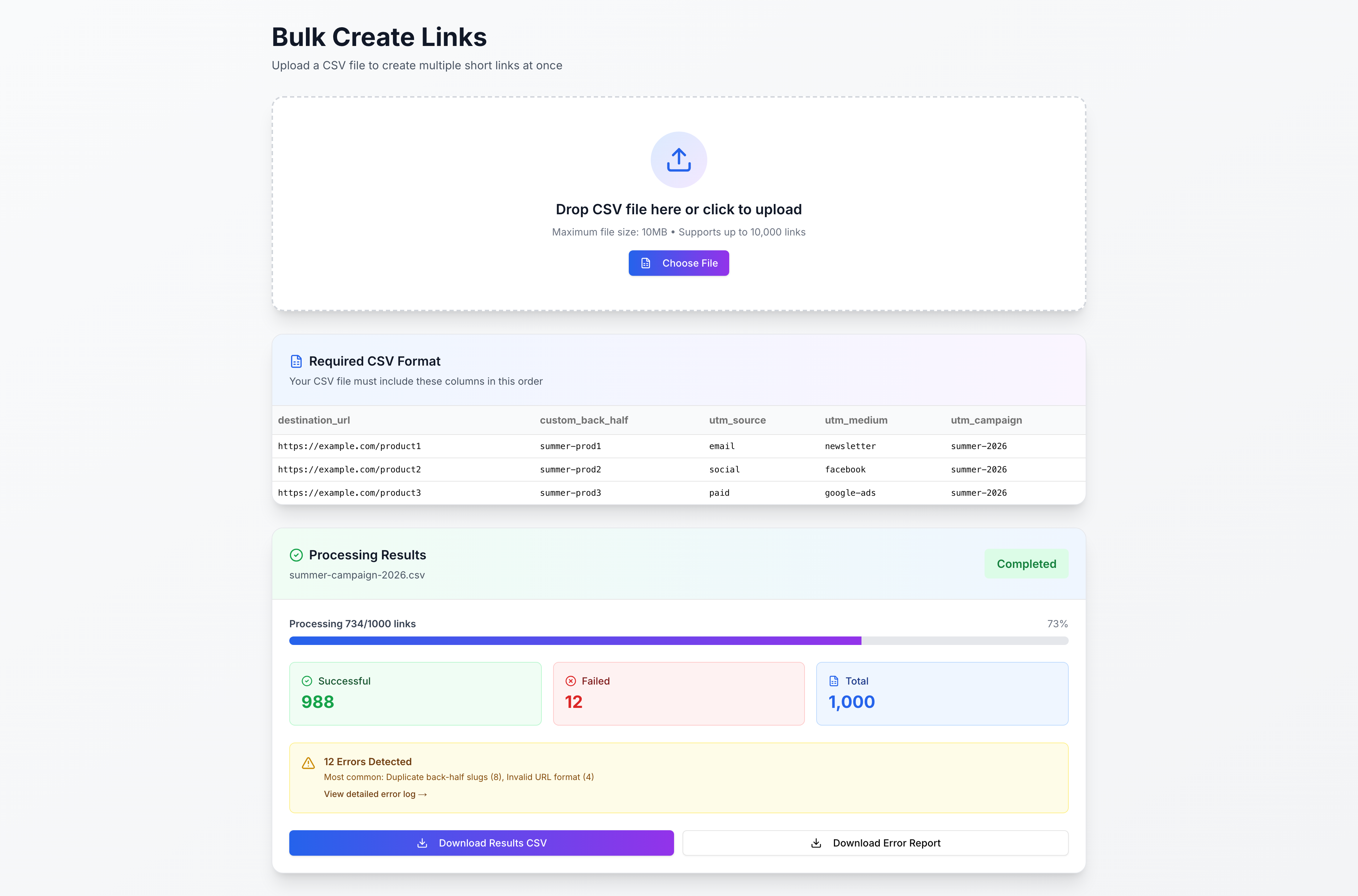 Bulk upload interface showing CSV import progress
