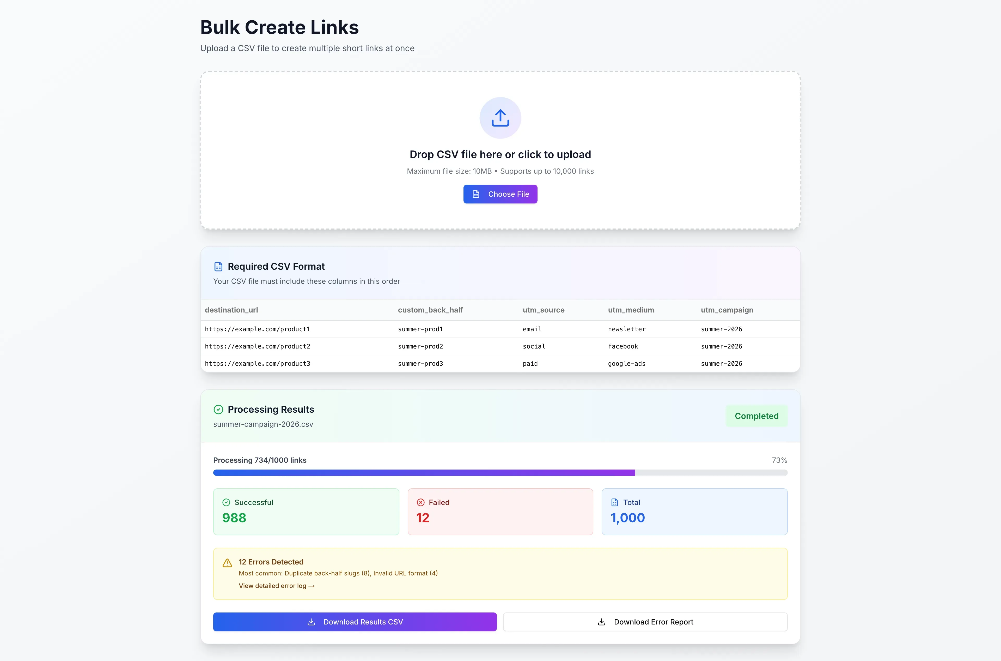 Bulk upload interface showing CSV import progress