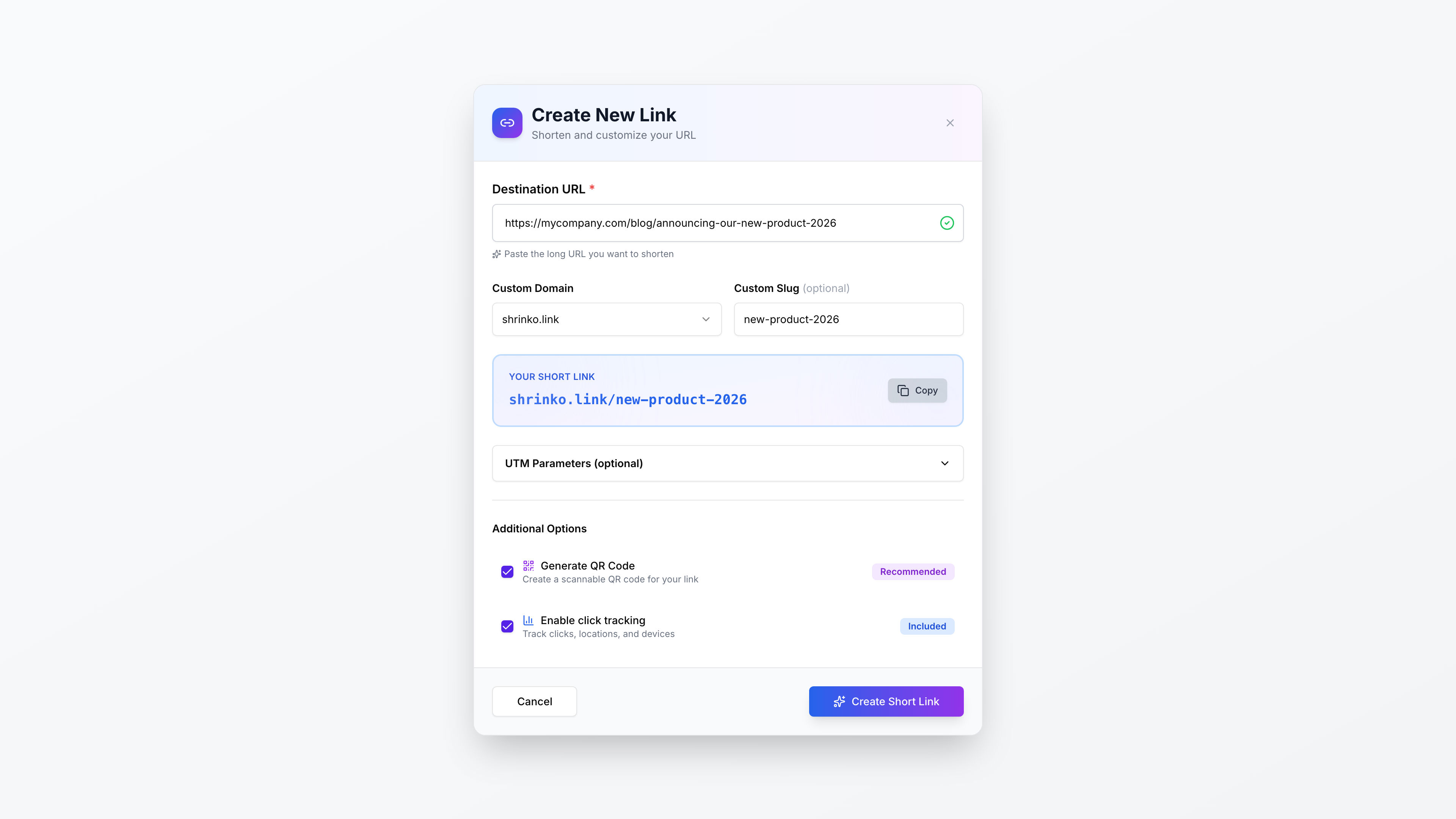 Customize your short link with custom slug and UTM parameters