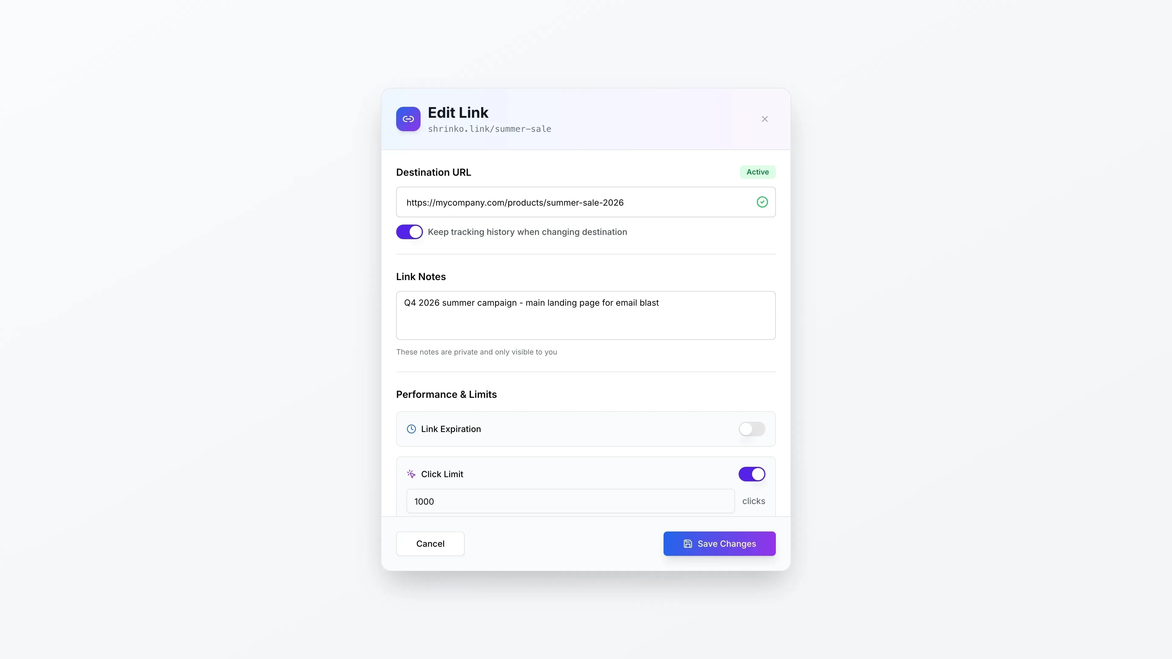 Link destination edit modal showing URL update