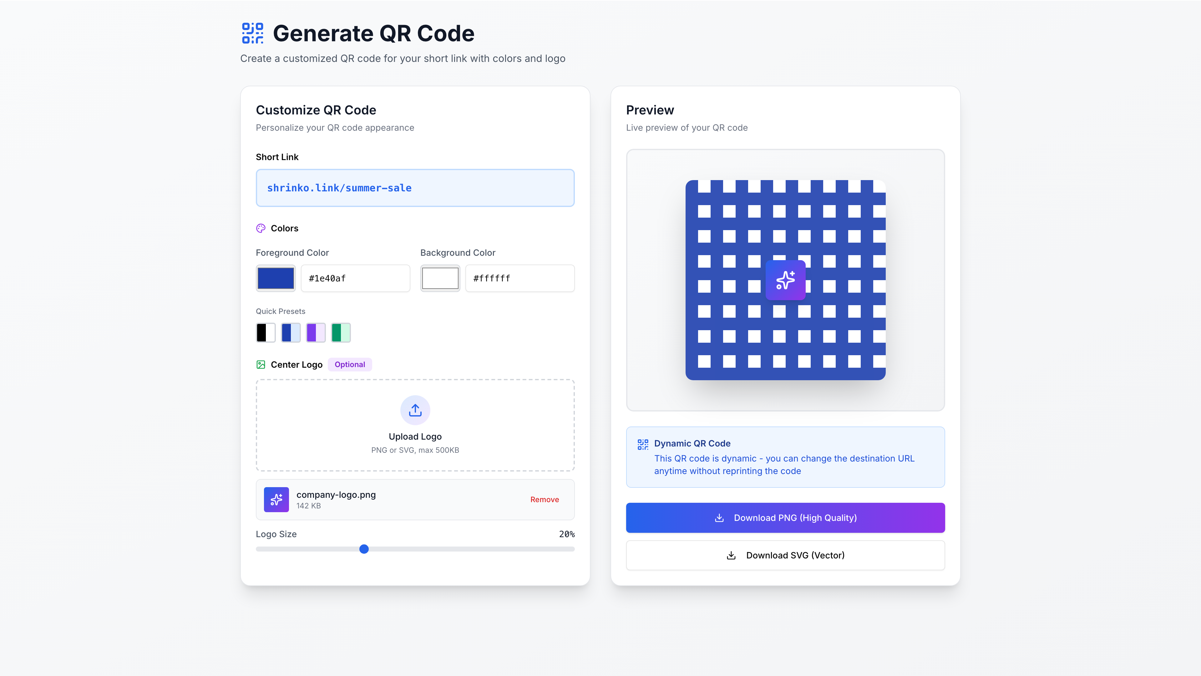 Dynamic QR code generator interface