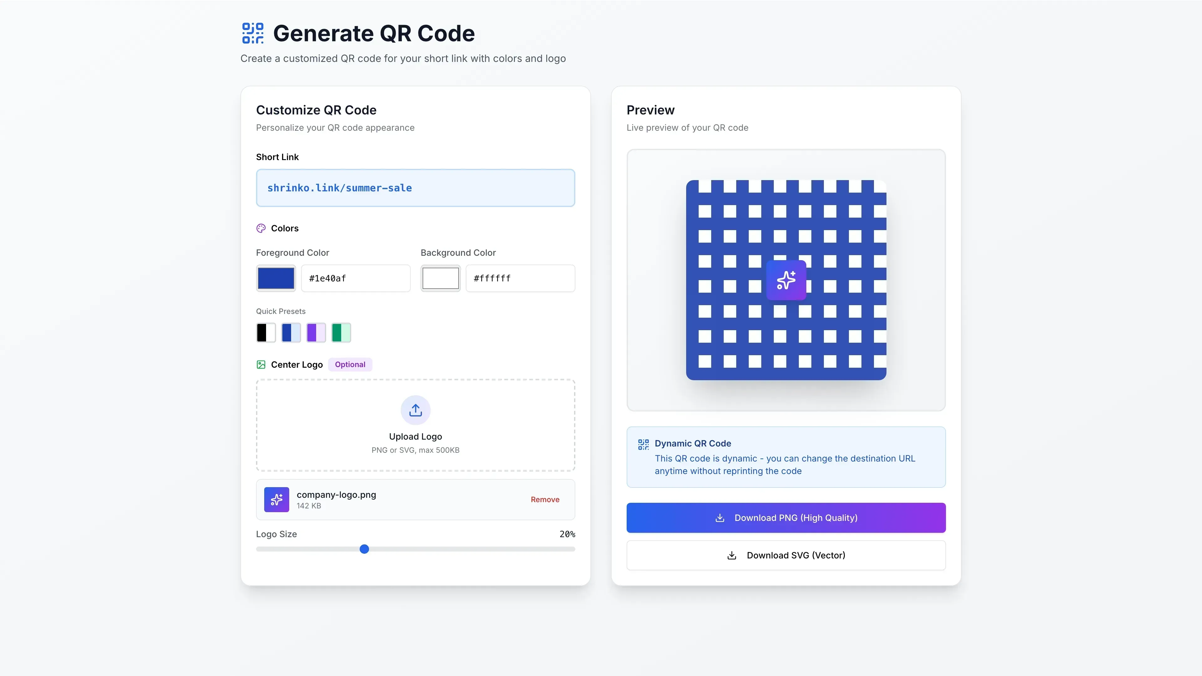 Dynamic QR code generator interface